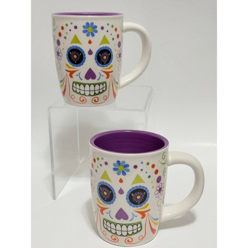 Burton + Burton Sugar Skull Coffee Mugs Set of 2 Day of the Dead Purple White
